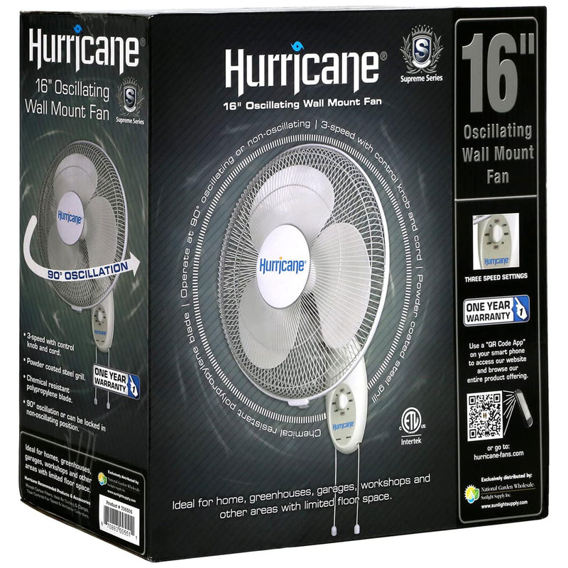 Hurricane 16" 90 Degree Oscillating 3 Speed Wall Mounted Fan, White (Open Box)