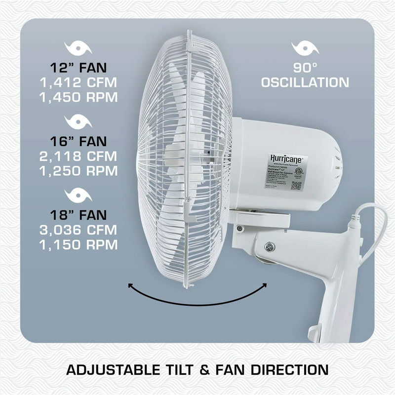 Hurricane Supreme 18 Inch 90 Degree Oscillating 3 Speed Wall Mounted Fan, White