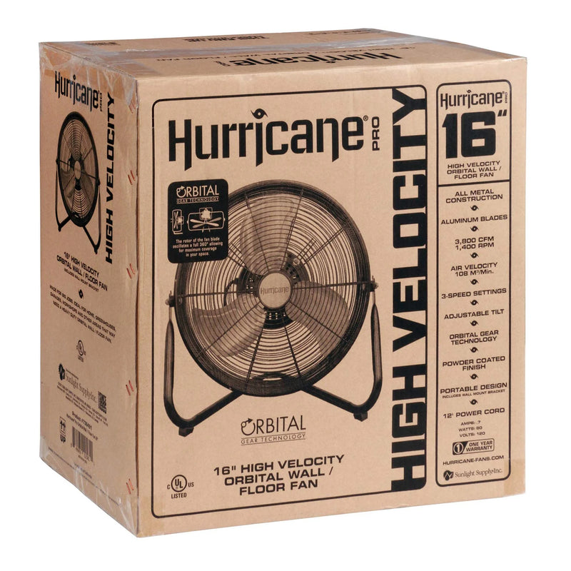 Hurricane Pro Series 16" High Velocity Heavy Duty Metal Orbital Floor Fan, Black