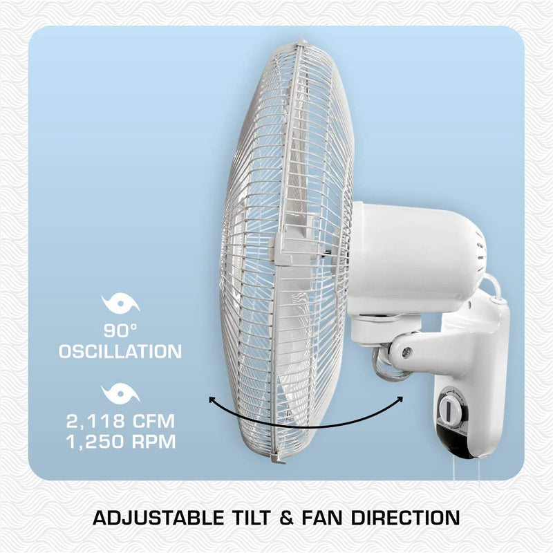 Hurricane 16" 90 Degree Oscillating 3 Speed Wall Mounted Fan, White (For Parts)