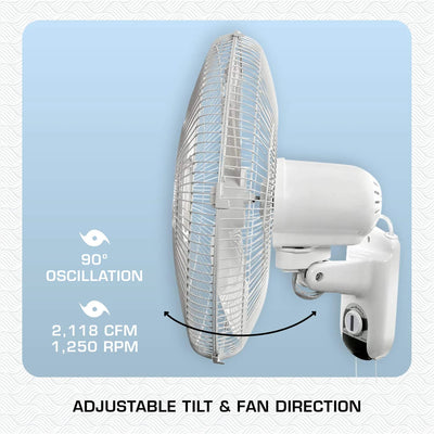 Hurricane 16" 90 Degree Oscillating 3 Speed Wall Mounted Fan, White(Open Box)