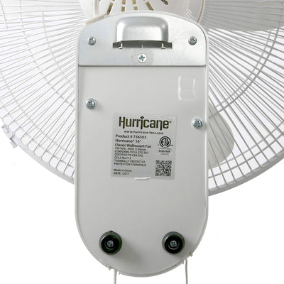 Hurricane Classic 16 Inch 90 Degree Oscillating 3 Speed Wall Mounted Fan, White