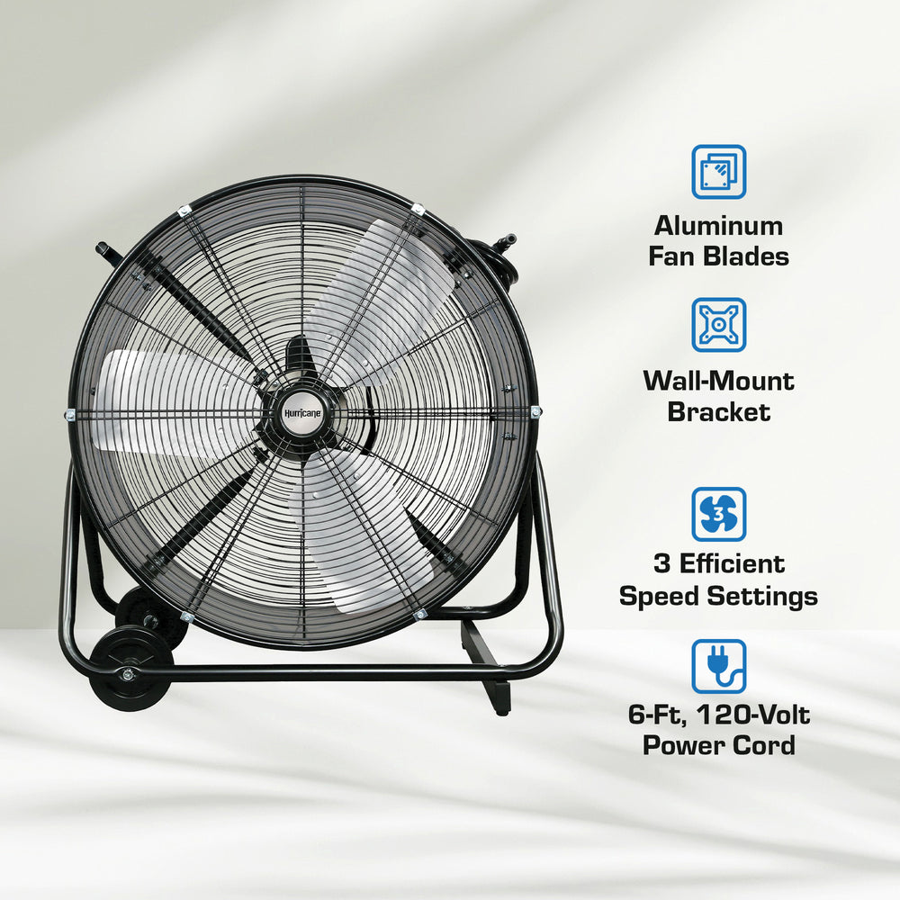 Hurricane Pro Series 24” Heavy Duty Adjustable Air Portable Tilt Drum Fan, Black - VMInnovations