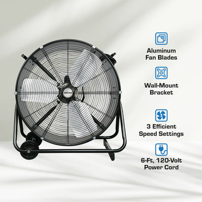 Hurricane 24" Heavy Duty Adjustable Portable Tilt Drum Fan, Black (For Parts) - VMInnovations