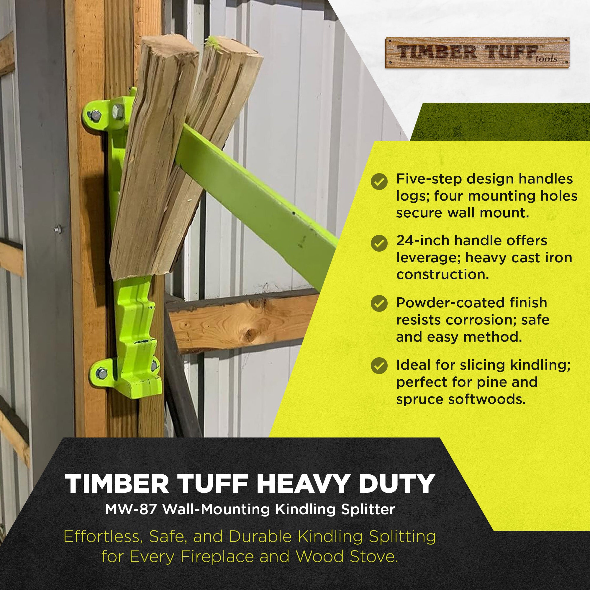 Timber Tuff Wall Mounted Cast Iron Kindling Splitter with 24 Inch Handle, Green - VMInnovations