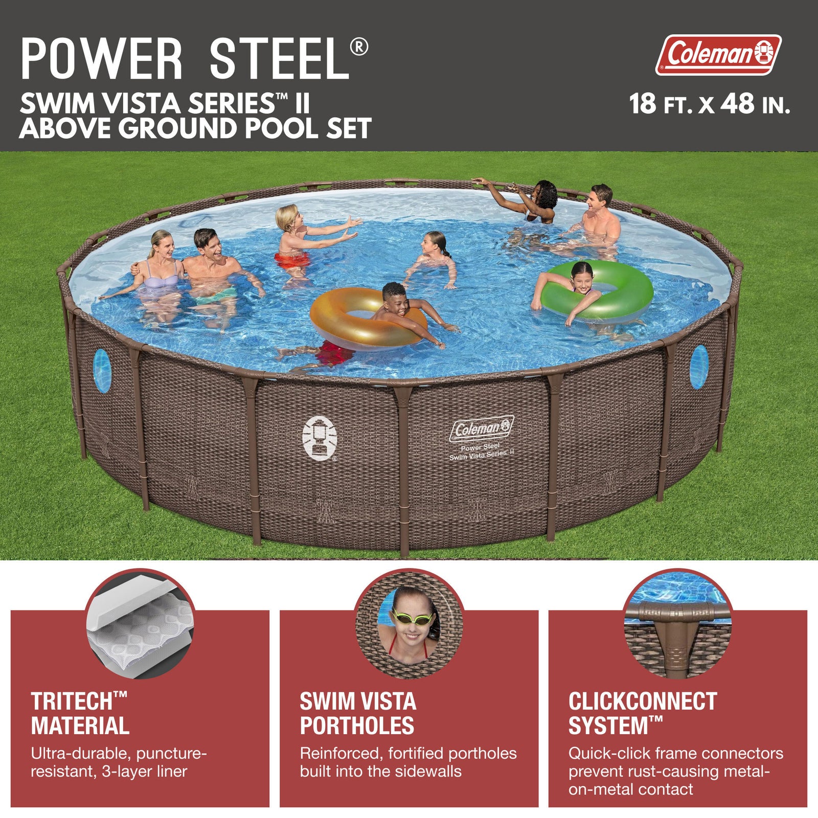 Coleman Power Steel Swim Vista 18' x 48" Swimming Pool Set (Open Box) - VMInnovations