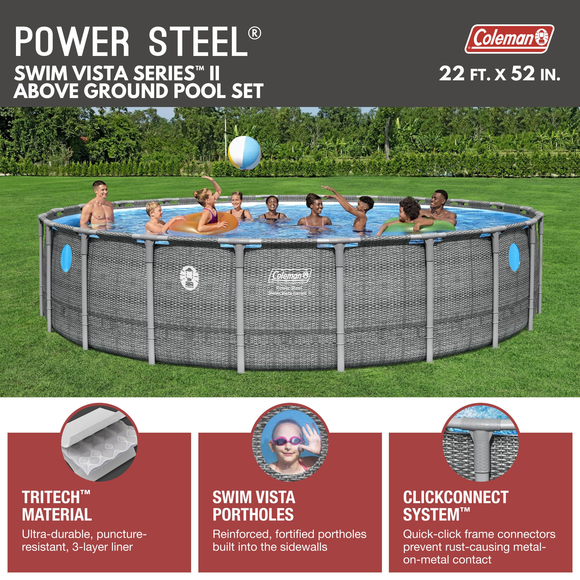 Coleman Power Steel 22' x 52" Round Frame Above Ground Swimming Pool Set, Gray