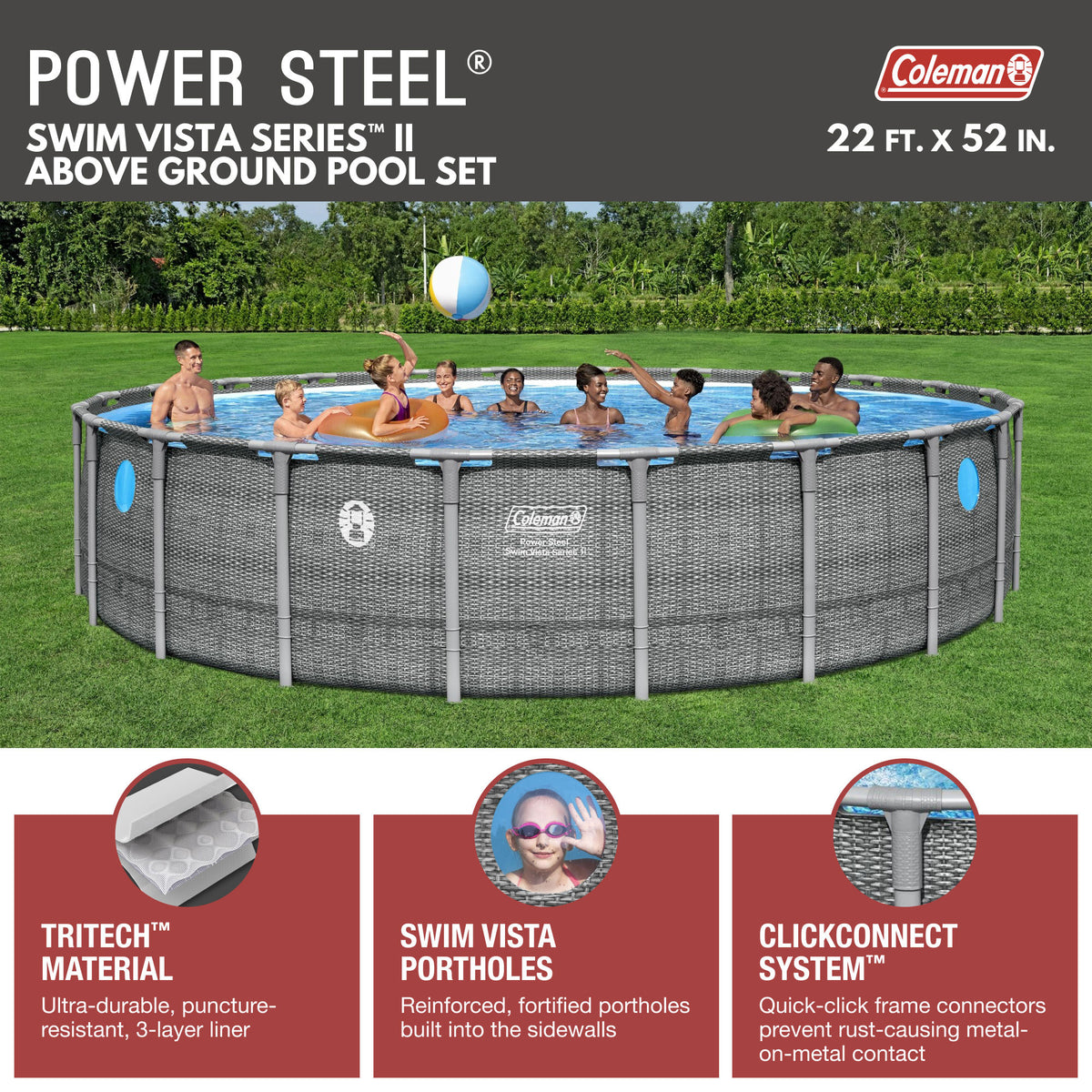 Coleman Power Steel 22' x 52" Round Frame Above Ground Swimming Pool Set, Gray