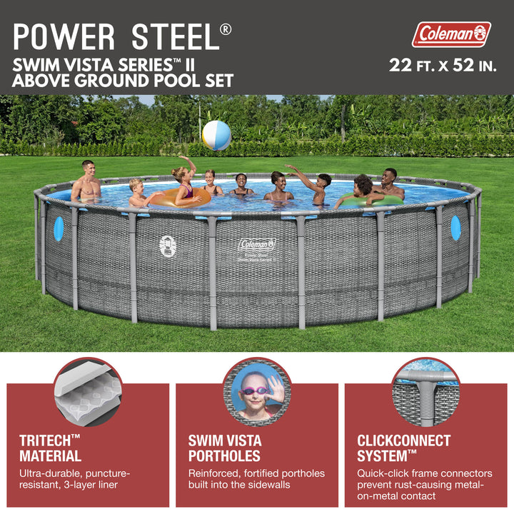 Coleman Power Steel 22' x 52" Frame Above Ground Swimming Pool Set, Gray (Used) - VMInnovations