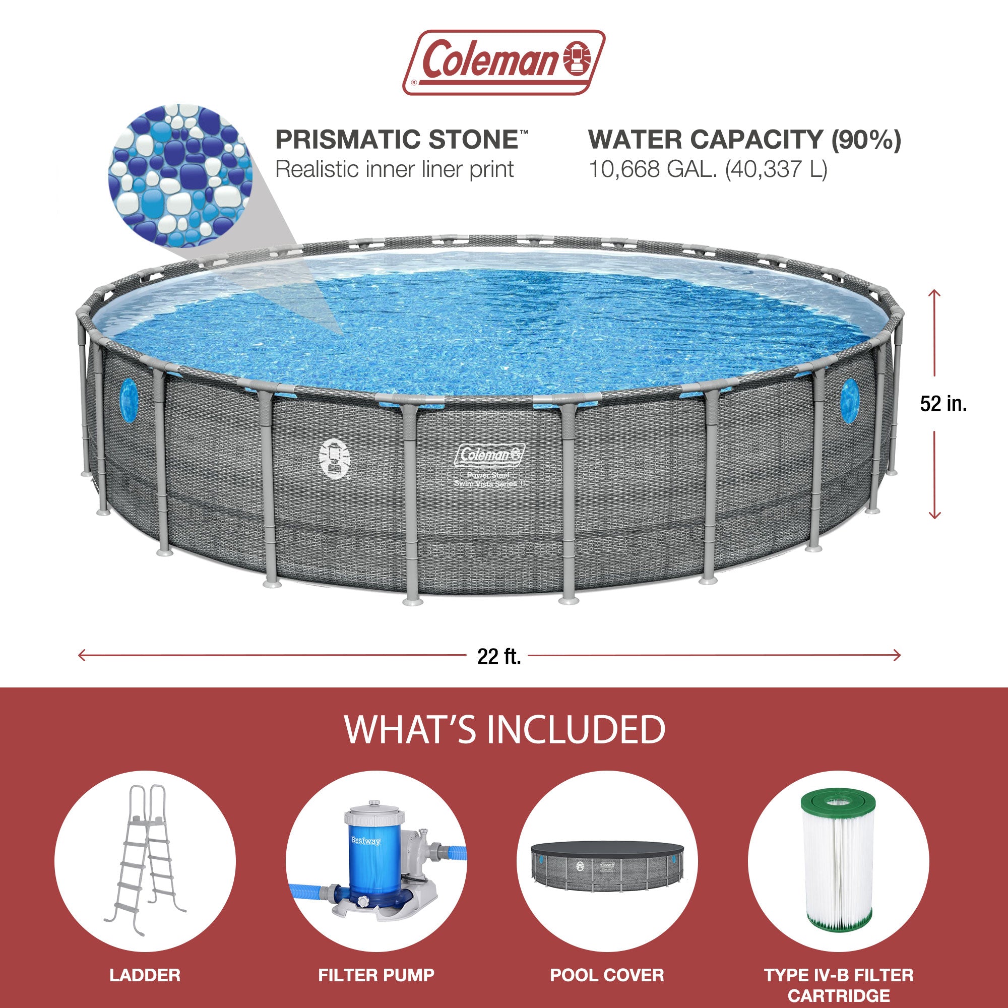 Coleman Power Steel 22' x 52" Round Frame Above Ground Swimming Pool Set, Gray