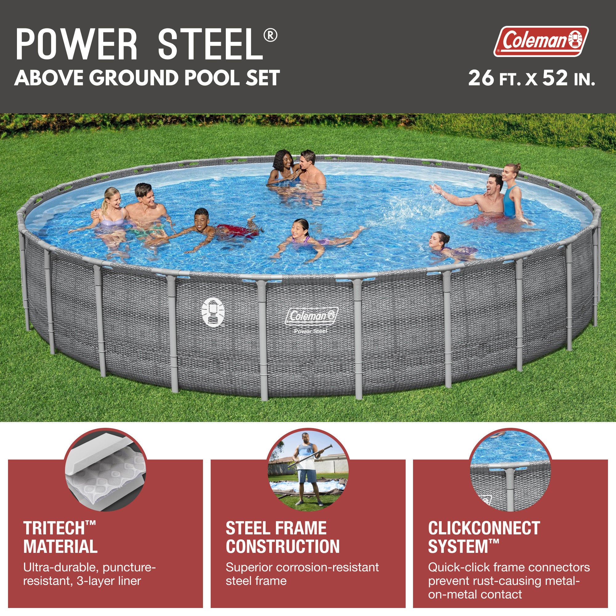 Coleman 26' x 52" Power Steel Frame Deluxe Series Above Ground Swimming Pool Set