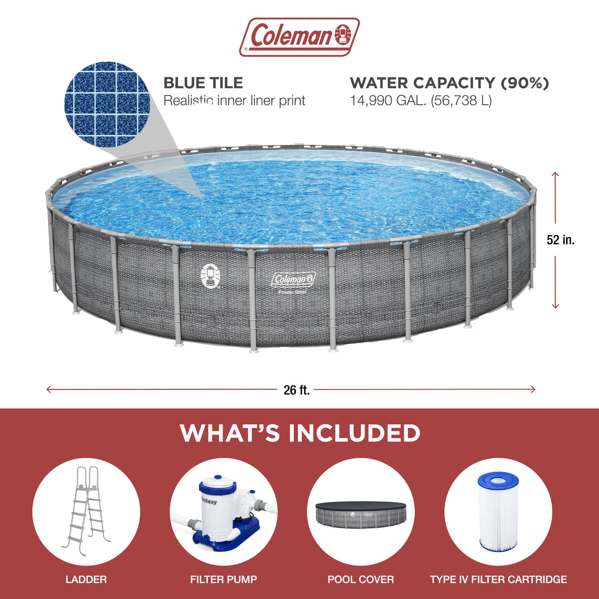 Coleman 26' x 52" Power Steel Frame Deluxe Series Above Ground Swimming Pool Set