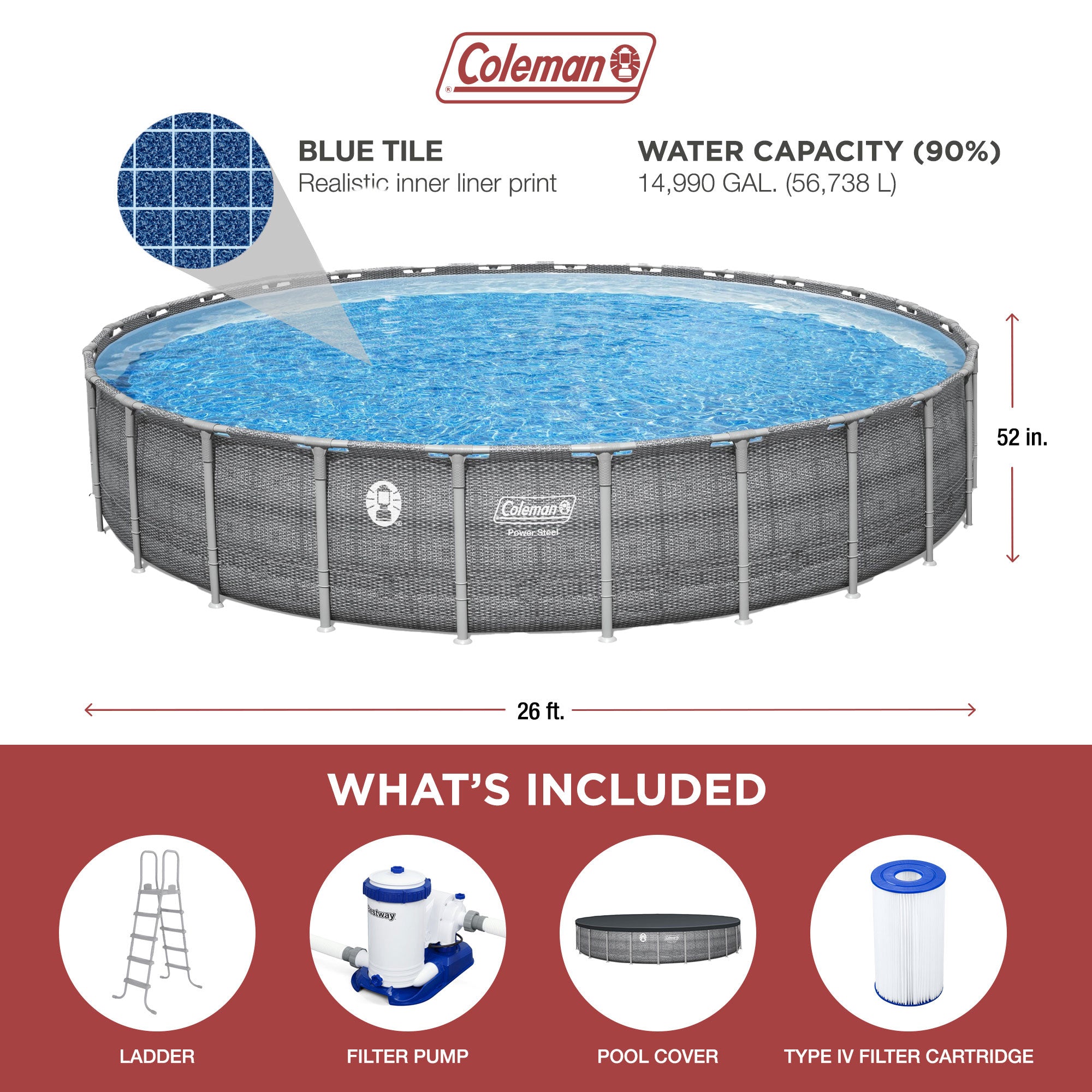 Coleman 26' x 52" Power Steel Frame Deluxe Series Above Ground Swimming Pool Set
