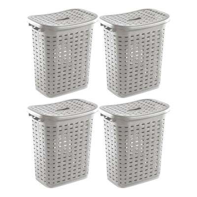 Sterilite Plastic Weave Laundry Hamper Slim Clothes Lidded Basket, Gray, 4-Pack