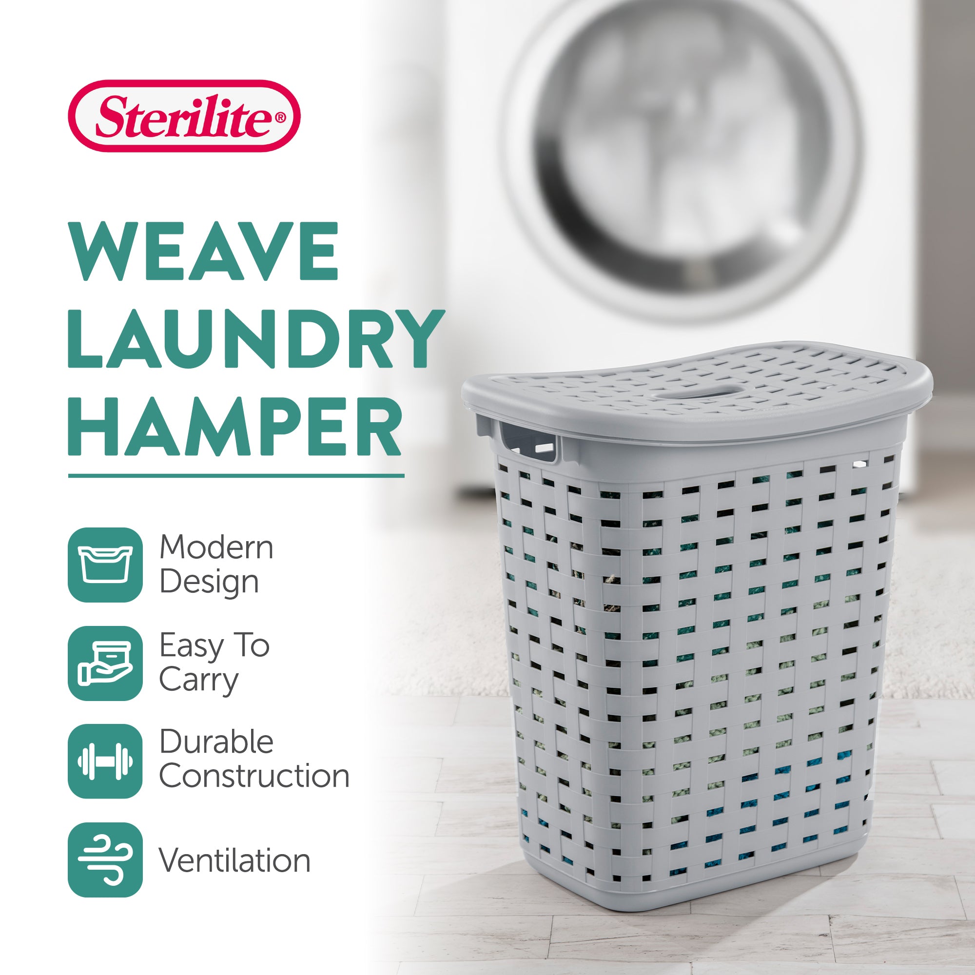 Sterilite Plastic Weave Laundry Hamper Slim Clothes Lidded Basket, Gray, 12-Pack
