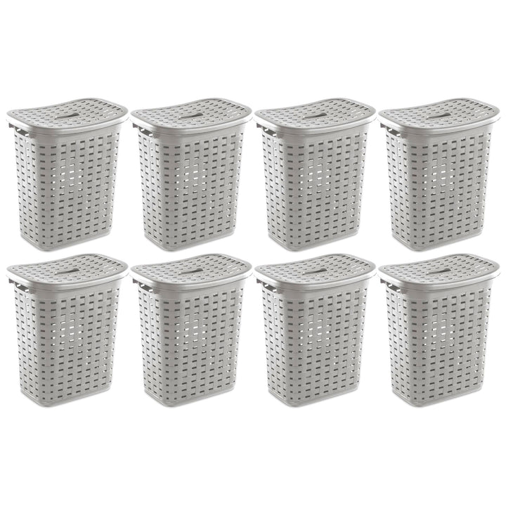 Sterilite Plastic Weave Laundry Hamper Slim Clothes Lidded Basket, Gray, 8-Pack