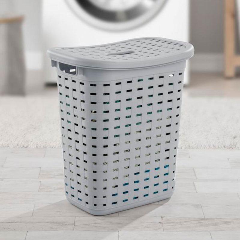 Sterilite Plastic Weave Laundry Hamper Slim Clothes Lidded Basket, Gray, 8-Pack