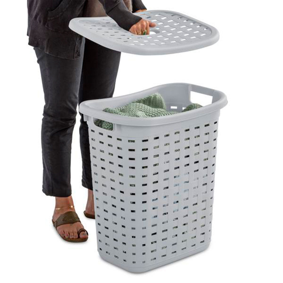 Sterilite Plastic Weave Laundry Hamper Slim Clothes Lidded Basket, Gray, 8-Pack