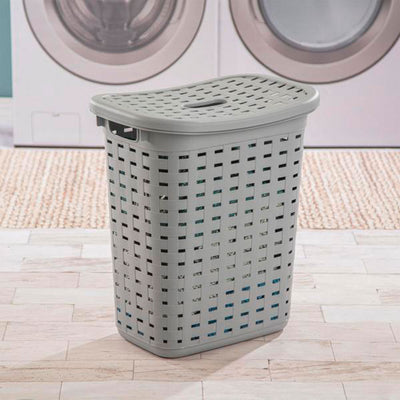 Sterilite Plastic Weave Laundry Hamper Slim Clothes Lidded Basket, Gray, 16-Pack