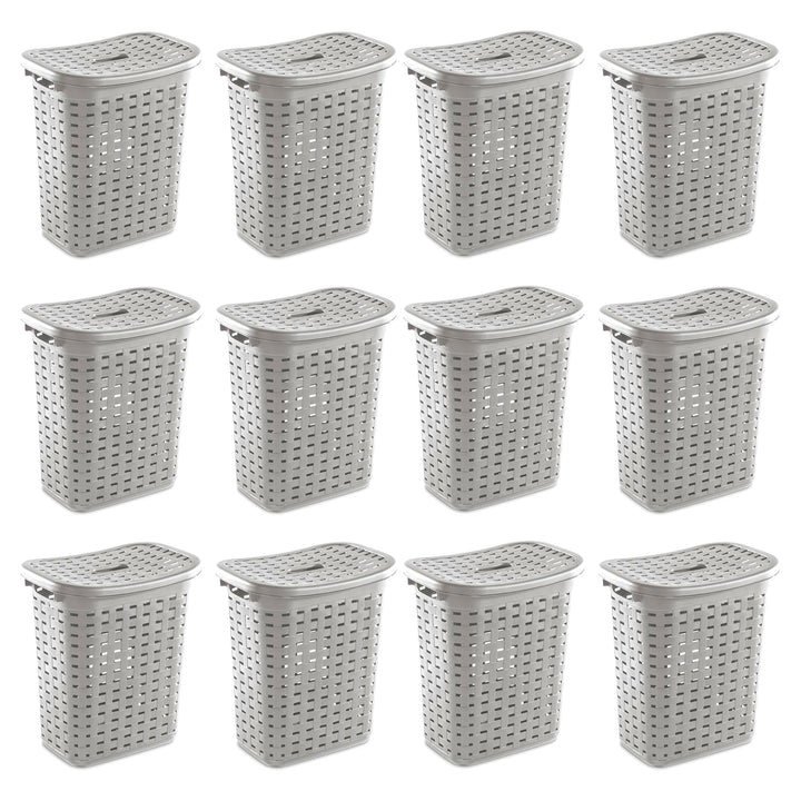 Sterilite Plastic Weave Laundry Hamper Slim Clothes Lidded Basket, Gray, 12-Pack