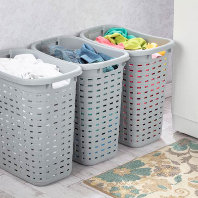 Sterilite Plastic Weave Laundry Hamper Slim Clothes Lidded Basket, Gray, 12-Pack