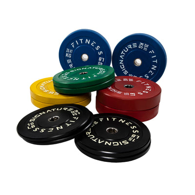Signature Fitness 25 Pound Color Coded Olympic Bumper Plate Weight Plate, Pair