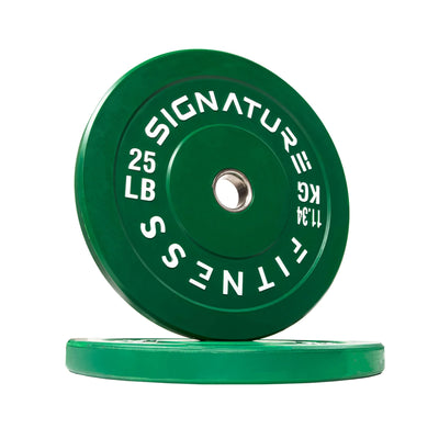 Signature Fitness 25 Pound Color Coded Olympic Bumper Plate Weight Plate, Pair