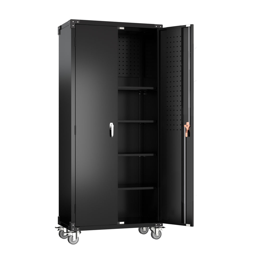 AOBABO 72 Inch Locking Metal Garage Storage Cabinet w/ Wheels & Pegboards, Black - VMInnovations