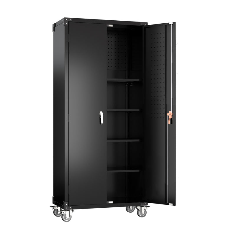 AOBABO 72 Inch Locking Metal Garage Storage Cabinet w/ Wheels & Pegboards, Black