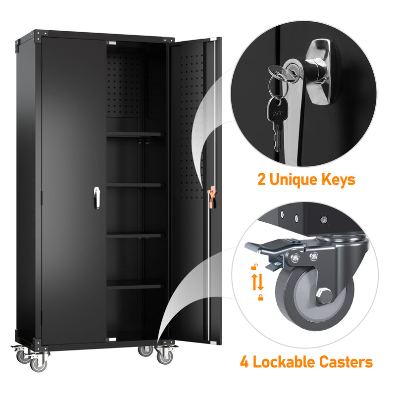 AOBABO 72 Inch Locking Metal Garage Storage Cabinet w/ Wheels & Pegboards, Black