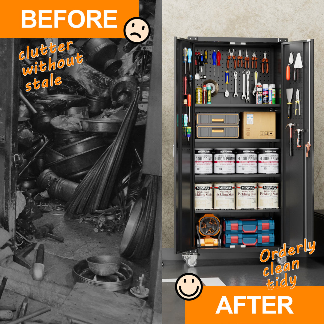 AOBABO 72 Inch Locking Metal Garage Storage Cabinet w/ Wheels & Pegboards, Black - VMInnovations