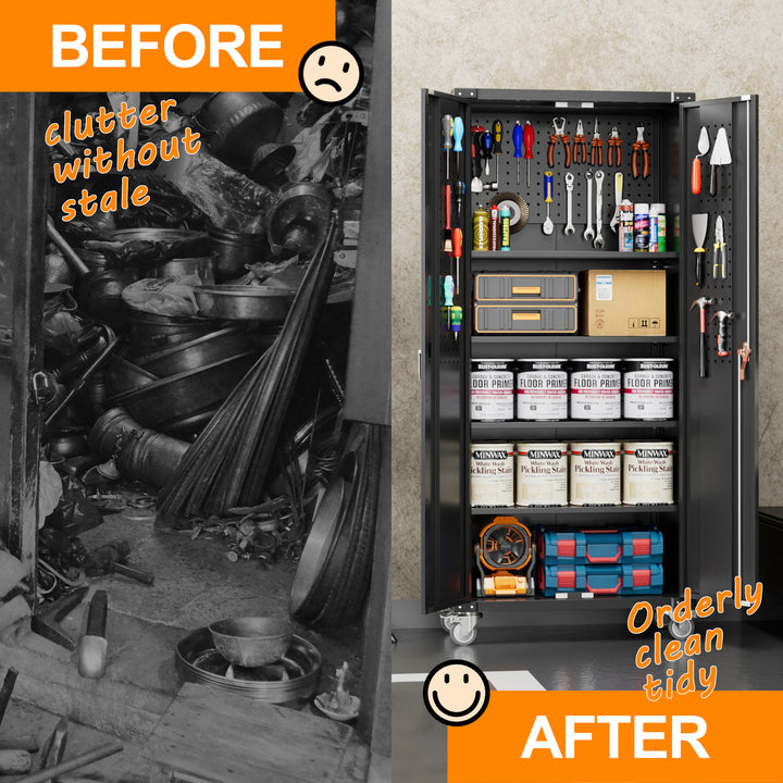 AOBABO 72 Inch Locking Metal Garage Storage Cabinet w/ Wheels & Pegboards, Black - VMInnovations