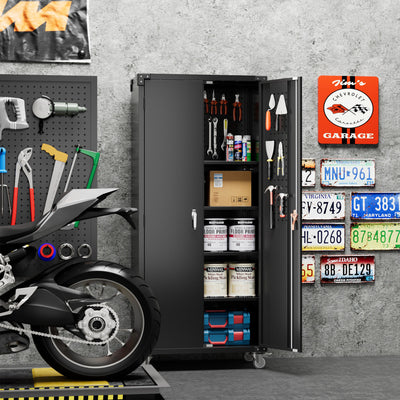 AOBABO 72 Inch Locking Metal Garage Storage Cabinet w/ Wheels & Pegboards, Black