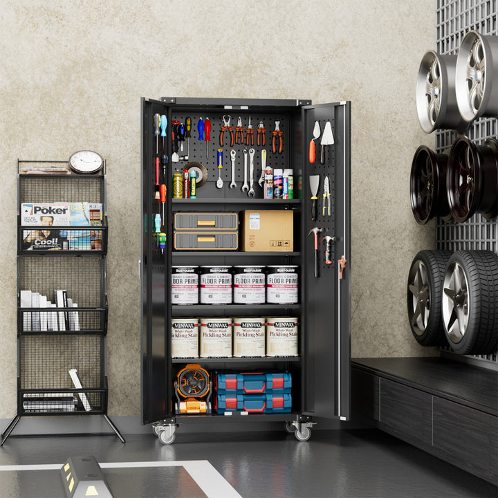 AOBABO 72 Inch Locking Metal Garage Storage Cabinet w/ Wheels & Pegboards, Black - VMInnovations