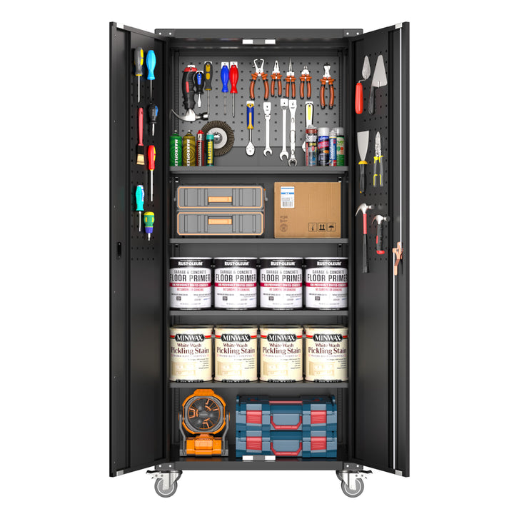 AOBABO 72 Inch Locking Metal Garage Storage Cabinet w/ Wheels & Pegboards, Black