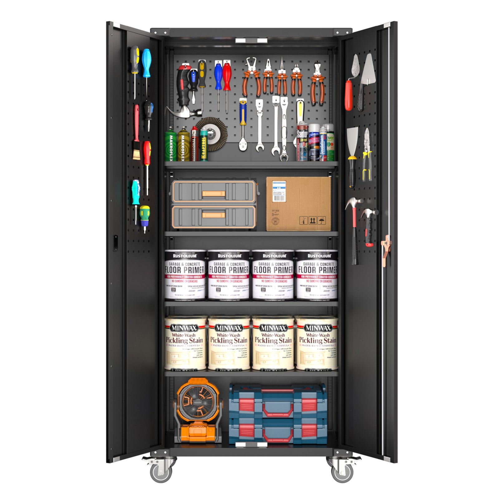 AOBABO 72 Inch Locking Metal Garage Cabinet w/Wheels & Pegboards,Black(Open Box) - VMInnovations