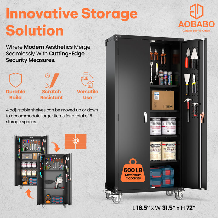 AOBABO 72 Inch Locking Metal Garage Cabinet w/Wheels & Pegboards,Black(Open Box)