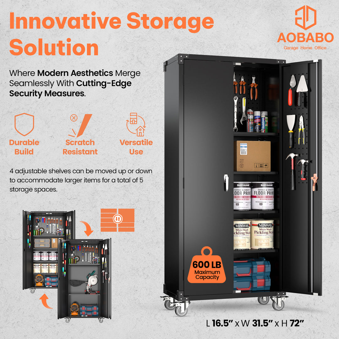 AOBABO 72 Inch Locking Metal Garage Cabinet w/Wheels & Pegboards,Black(Open Box) - VMInnovations