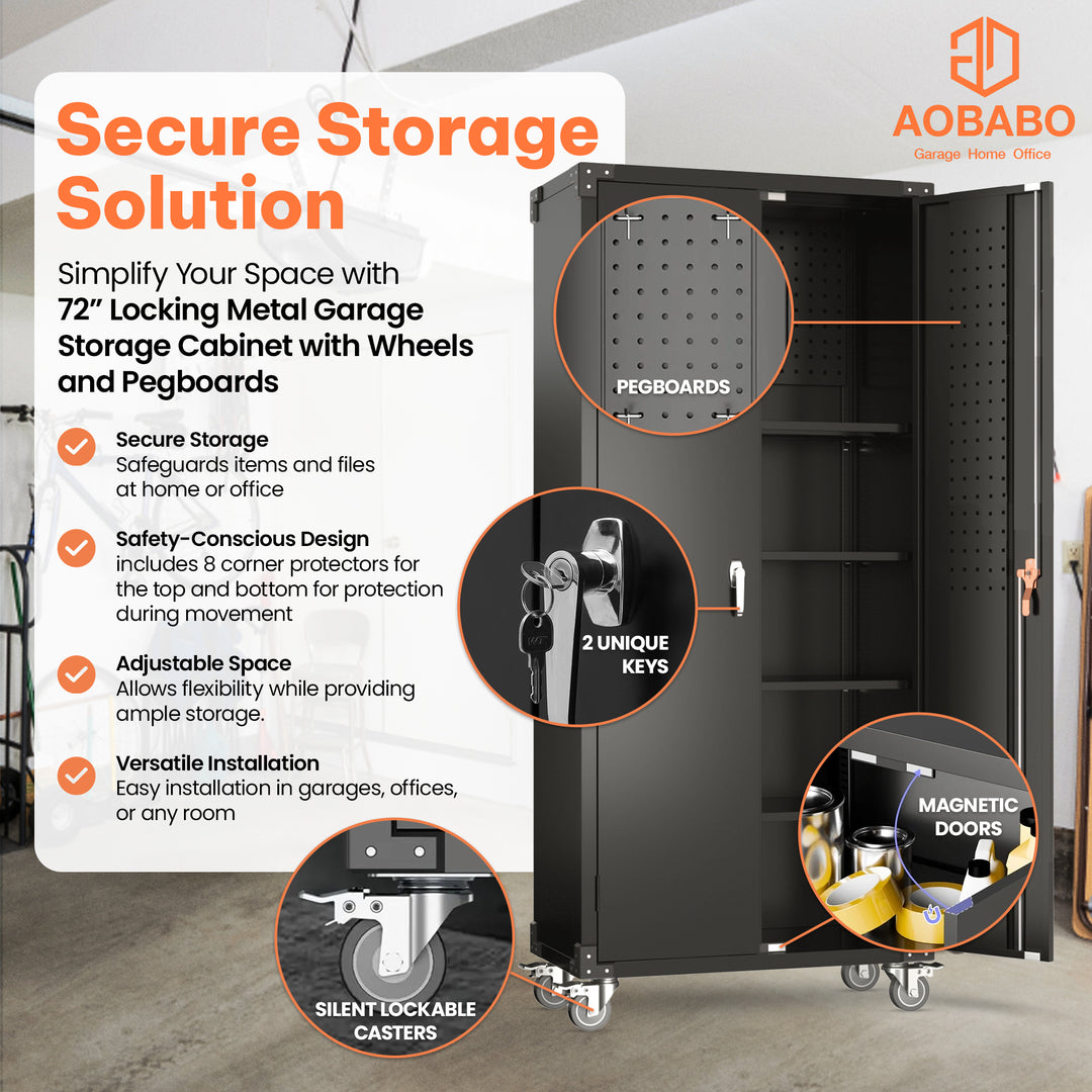 AOBABO 72 Inch Locking Metal Garage Cabinet w/Wheels & Pegboards,Black(Open Box)
