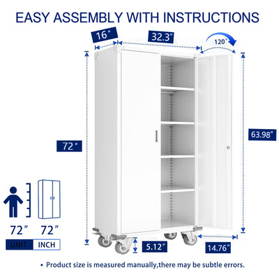 AOBABO 72” Locking Metal Garage Home Office Storage Cabinet with Wheels, White - VMInnovations