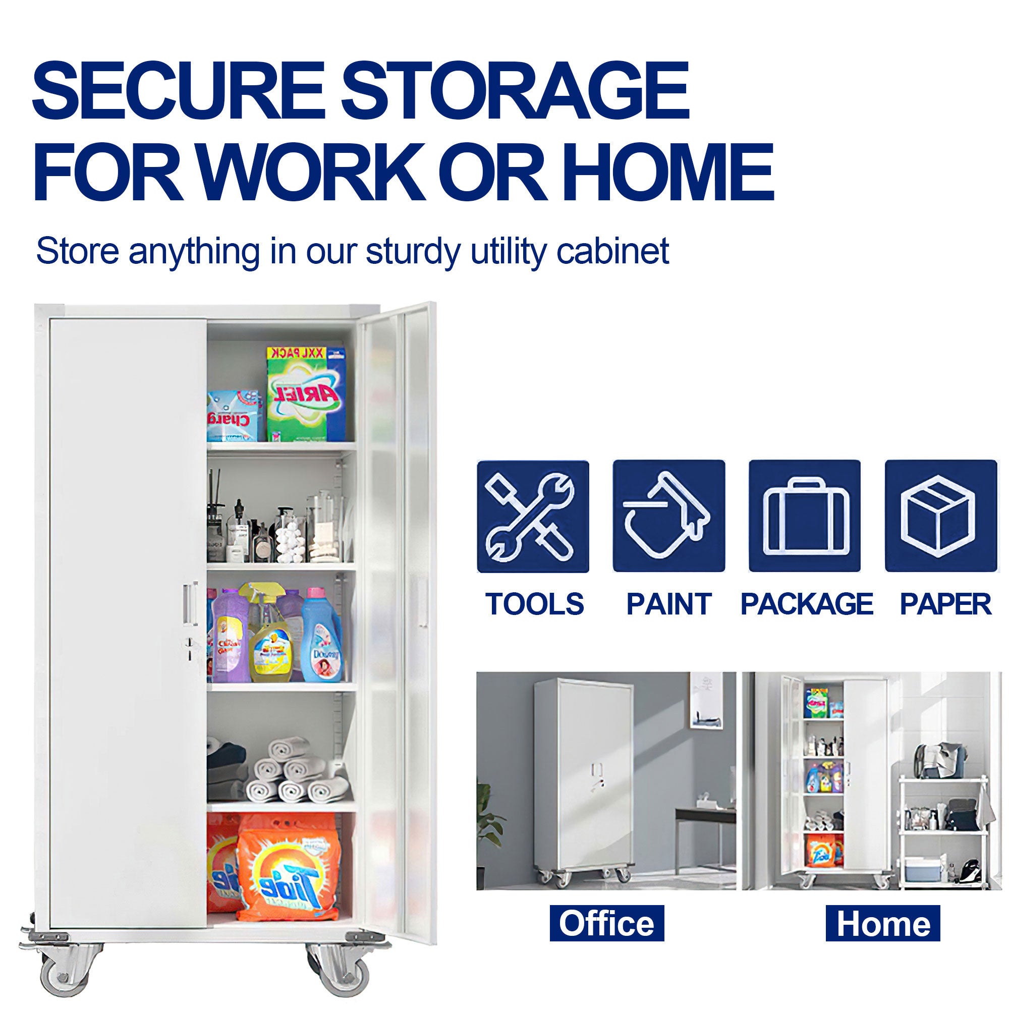 AOBABO 72” Locking Metal Garage Office Storage Cabinet w/Wheels, White(Open Box) - VMInnovations