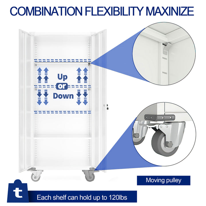 AOBABO 72” Locking Metal Garage Office Storage Cabinet w/Wheels, White(Open Box)