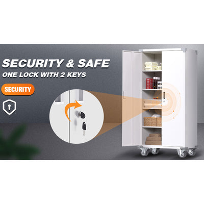 AOBABO 72” Locking Metal Garage Office Storage Cabinet w/Wheels, White(Open Box) - VMInnovations