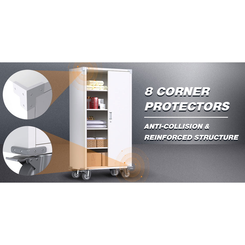 AOBABO 72” Locking Metal Garage Home Office Storage Cabinet with Wheels, White