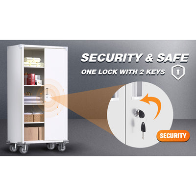 AOBABO 72” Locking Metal Garage Home Office Storage Cabinet with Wheels, White - VMInnovations