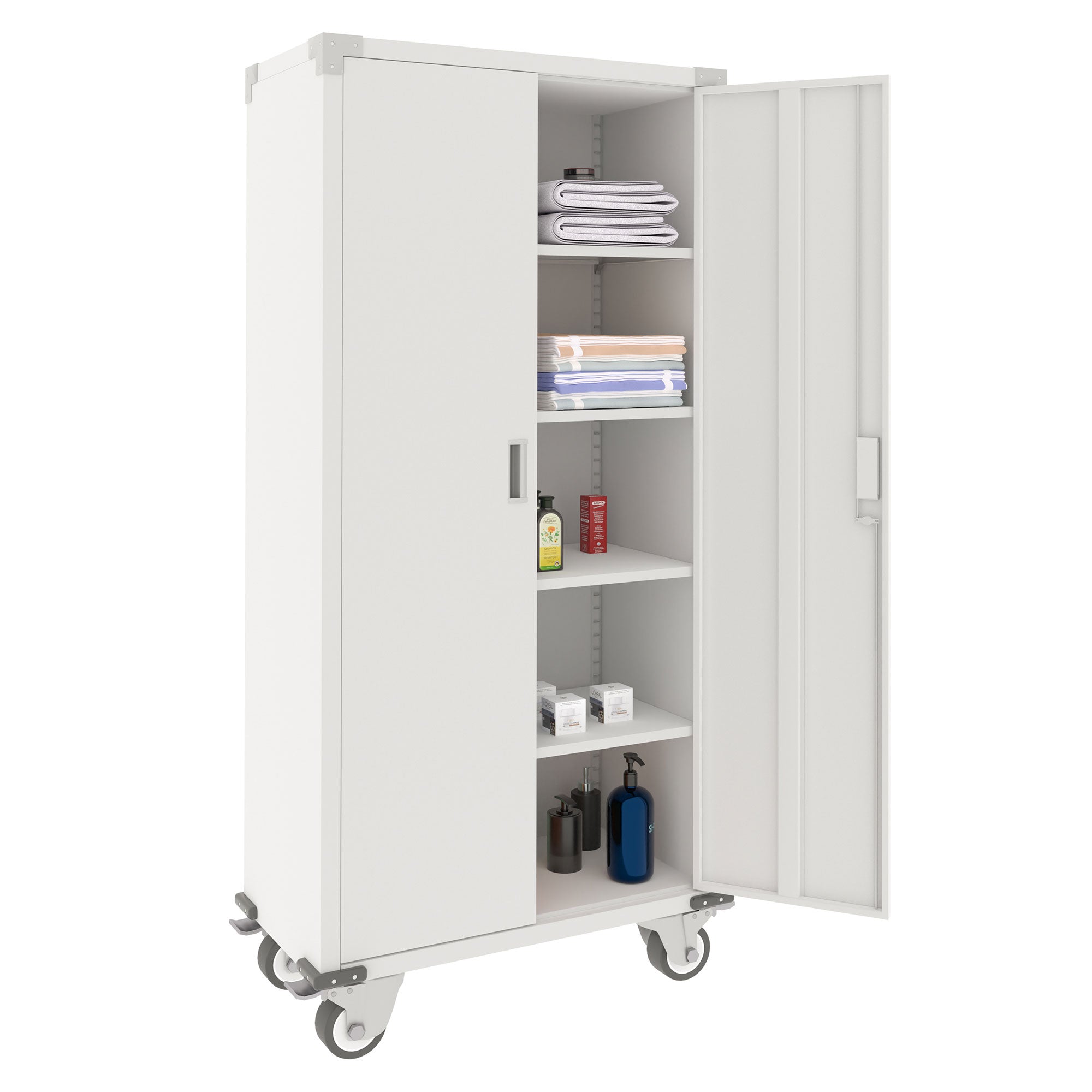 AOBABO 72” Locking Metal Garage Office Storage Cabinet w/Wheels, White(Open Box) - VMInnovations