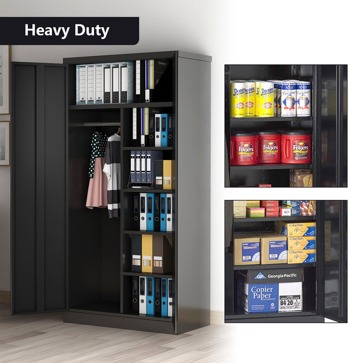 AOBABO Metal Cabinet w/3 Adjustable Shelves & 1 Cloth Rail, Black (Open Box) - VMInnovations