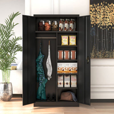 AOBABO Metal Storage Cabinet with 3 Adjustable Shelves and 1 Cloth Rail, Black - VMInnovations