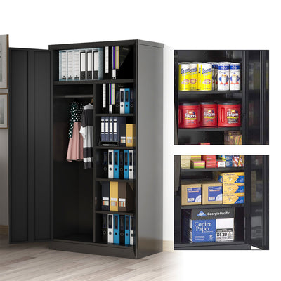 AOBABO Metal Storage Cabinet with 3 Adjustable Shelves and 1 Cloth Rail, Black - VMInnovations