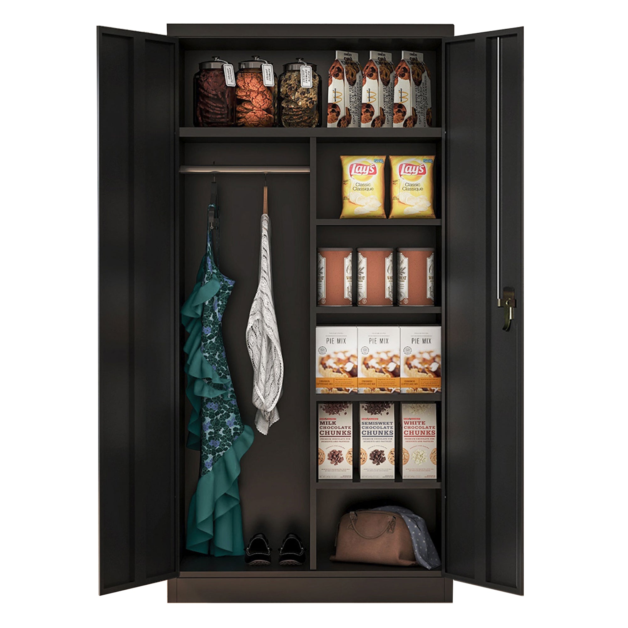 AOBABO Metal Storage Cabinet with 3 Adjustable Shelves and 1 Cloth Rail, Black - VMInnovations